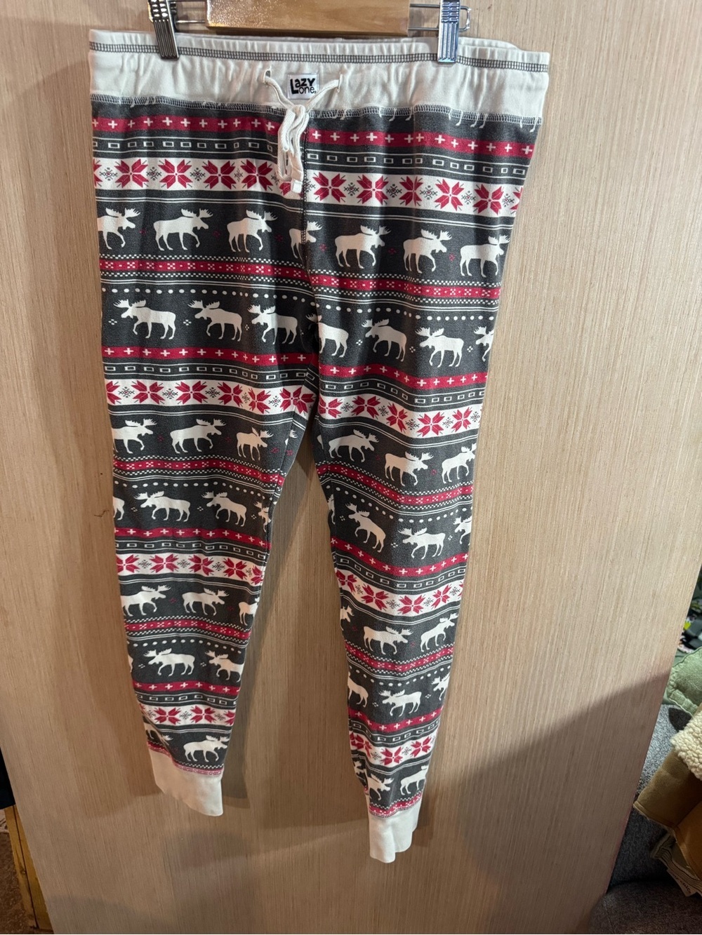 Women’s Lazy One Green, Red & White Moose Pattern Pajama Joggers Size Large